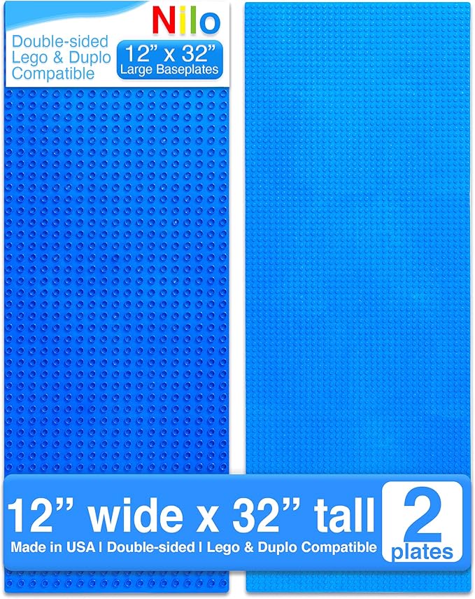 NILO Classic Blue Baseplate, 2-Pack 12"x32" Double-Sided, Large Building Plates for Building Bricks 100% Compatible with All Major Brands