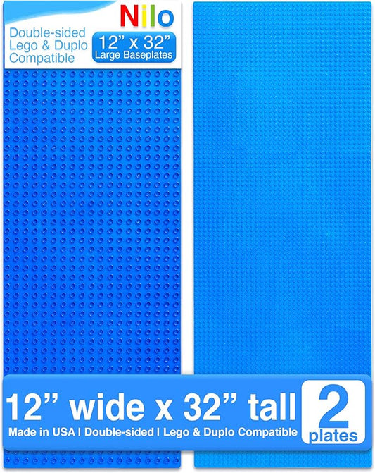 NILO Classic Blue Baseplate, 2-Pack 12"x32" Double-Sided, Large Building Plates for Building Bricks 100% Compatible with All Major Brands