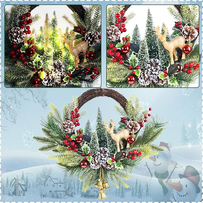 21" Pre-Lit Christmas Wreath for Front Door,Christmas Wreath Decorations with Golden Christmas Reindeer Jingle Bells Pine Cones,Christmas Door Wreath for Home Wall Window Indoor Outdoor Decor