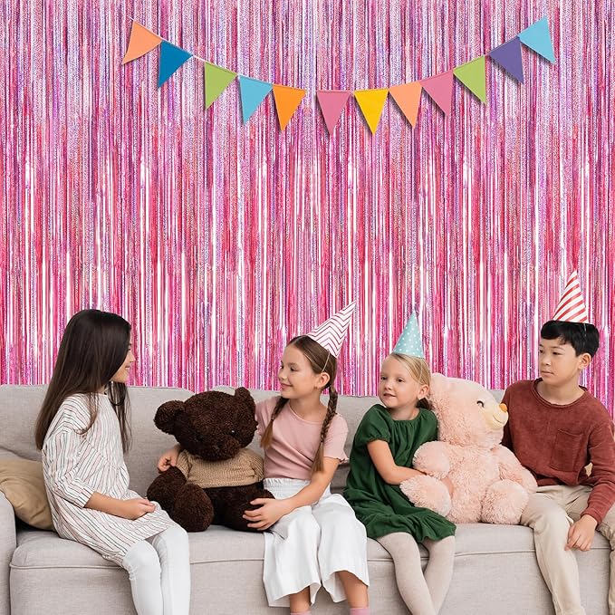 12 Pack Pink Backdrop, 3.28 FT x 7.05 FT Foil Streamers, Metallic Glitter Backdrop Pink Tinsel Fringe Curtains Party Streamers, Pink Birthday Party Decorations Photo Booth Props