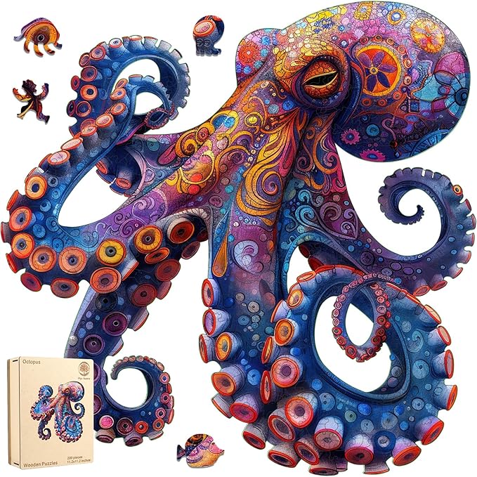 Octopus Puzzles for Adults 500 Pieces, 5MM Thick Wooden Jigsaw Puzzles, Unique Shape Puzzle Ocean Wood Puzzles for Adults and Kids Birthday Gifts Family Game 16.9 * 16.9inch