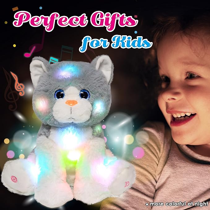 Cuteoy Kitty LED Musical Stuffed Animal Light-up Singing Plush Cat Adjustable Volume Lullaby Plushies Birthday Christmas Toy Gifts for Kids Toddler Girls, 10.5"