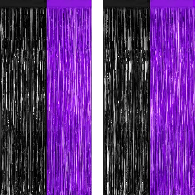2 Pack Halloween Decor, 3.28 FT x 7.05 FT Purple and Black Foil Streamer, Metallic Fringe Curtains Tinsel Backdrop Party Streamer, Indoor Halloween Decorations Party Supplies Photo Booth Props