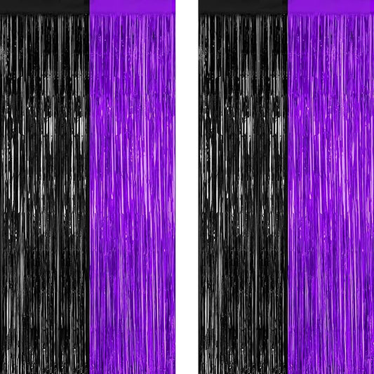 2 Pack Halloween Decor, 3.28 FT x 7.05 FT Purple and Black Foil Streamer, Metallic Fringe Curtains Tinsel Backdrop Party Streamer, Indoor Halloween Decorations Party Supplies Photo Booth Props