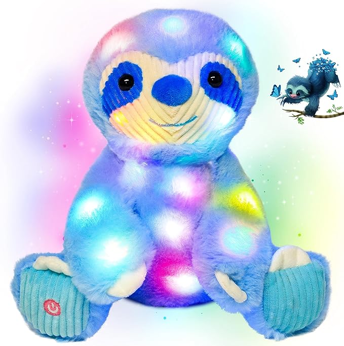 Cuteoy Blue Sloth LED Stuffed Animal Light-up Plush Birthday Christmas Plushies Toy Gifts for Kids Toddler Girls, 10.5"