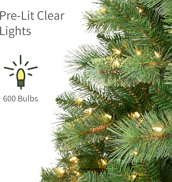 Puleo International 7.5ft Pre-Lit Teton Pine Christmas Tree with 600 Clear Lights, 1347 Realistic Dense Branch Tips, Easy Setup Artificial Trees with Sturdy Metal Stand