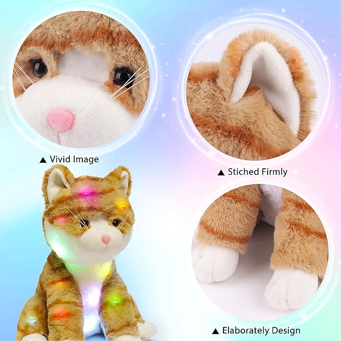 Hopearl LED Plush Kitty Lighting Up Stuffed Animal Cat Floppy Kitten Night Lights Glow in The Dark Birthday Festival for Kids Toddler Girls, Orange, 12.5''