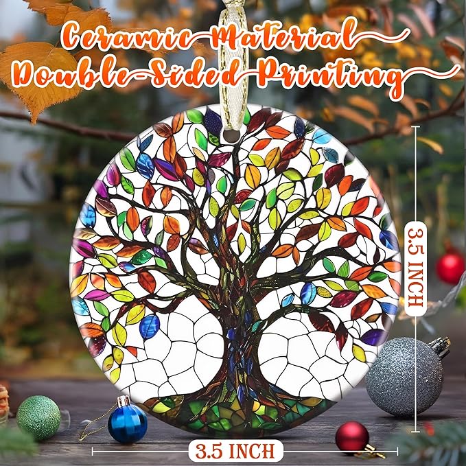 3.5 Inch Ceramic Christmas Tree Ornament, Tree of Life Christmas Ornaments, Heirloom Keepsake, Gift Exchange, Gift Idea, Bauble Present