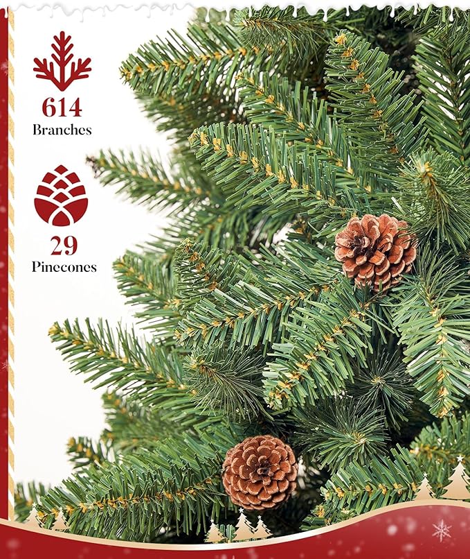 6FT Unlit Realistic Artificial Christmas Tree with Pinecones - Full PVC Xmas Tree for Indoor Holiday Decoration, Easy Assembly