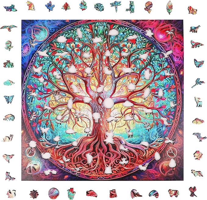Wooden Puzzles, Mandala Tree of Life 200 Piece Puzzles for Adults and Kids, Unique Shaped Animal Wooden Jigsaw Puzzle for Birthday Gift, Family Game 11.2 x 11.2 Inch