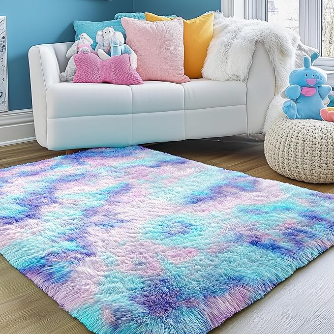 PAGISOFE Furry Rainbow Rugs for Bedroom Girls, 2x3 Soft Purple Shag Tent Rugs for Livingroom, Kids Room, Nursery, Home Decor, Fluffy Fuzzy Carpet, Plush Mermaid Kawaii Throw Rug, Accent Rug