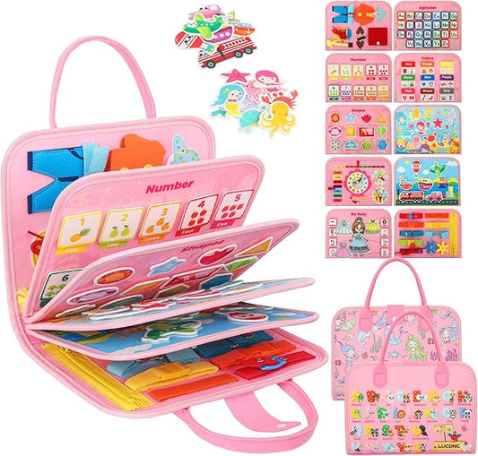 Toddler Busy Board Montessori Toys for 3 Year Old Birthday Gifts for Kids 10 Pages in 1 Soft Felt Activity Book Develop Fine Skills Educational Learning Sensory Travel Toys for Airplane Car