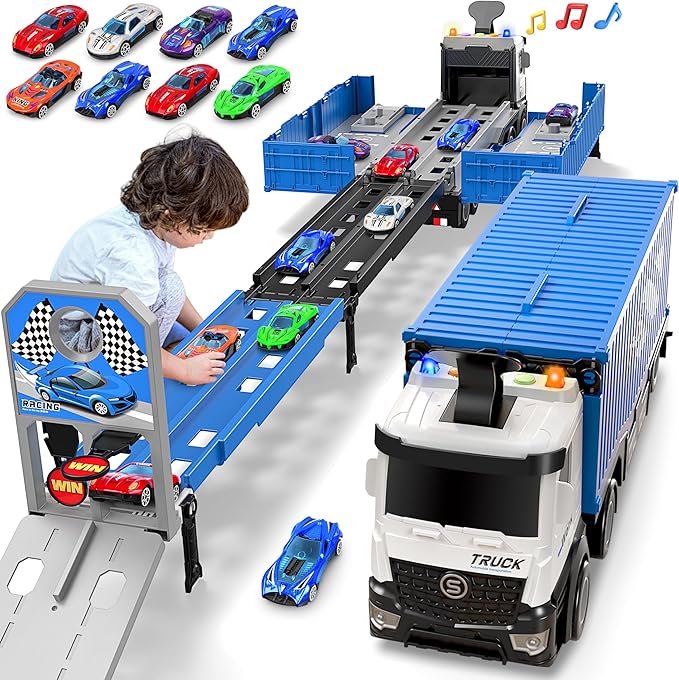 Carrier Truck Race Track Toddlers Toys, Foldable 3 Layer Track Playset, Toy Truck Transport Car Carrier & 8 Race Cars, Truck Car Kids Toys Xmas Gifts for Age 3 4 5 6+ Years Old Boys Girls