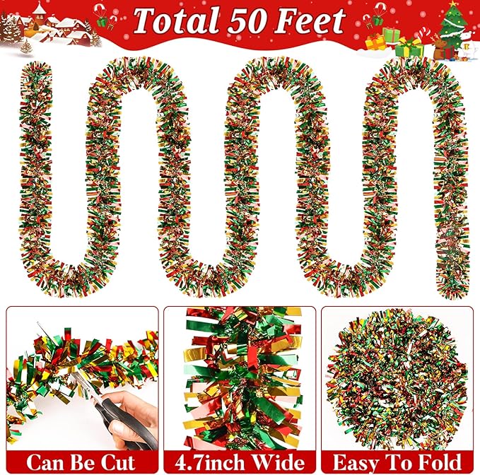 50Ft Christmas Tinsel Garland Red Green and Gold Xmas Tree Decorations Metallic Glitter Twist Garland for Christmas Decorations Anniversary Birthday Wedding Holiday Supplies Indoor Outdoor Supplies
