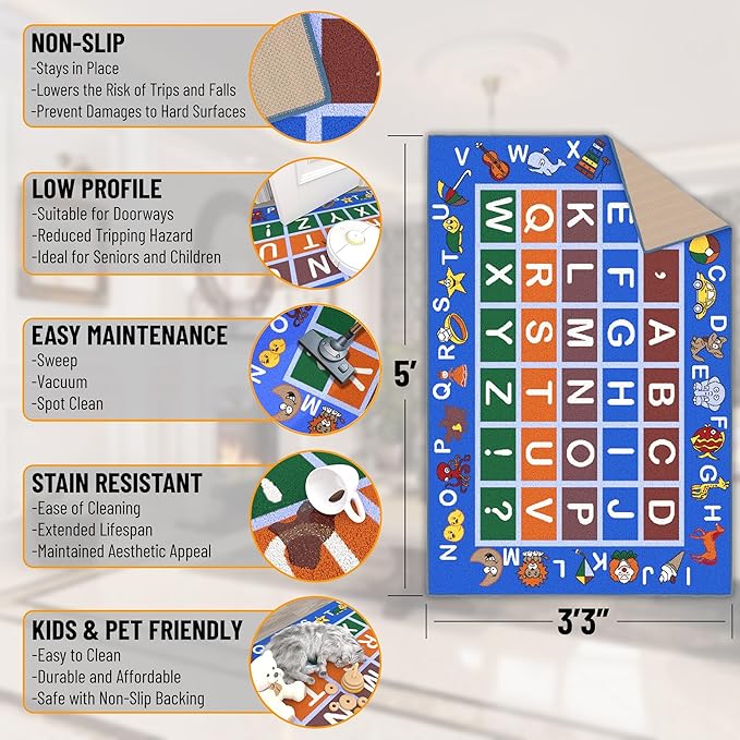 Ottomanson 3'3" x 5' Alphabet Kids Rug - Educational ABC Play Mat for Playroom, Bedroom, Daycare & Classroom - Fun & Interactive Learning Carpet - Durable & Non-Slip for High-Traffic Areas, Blue