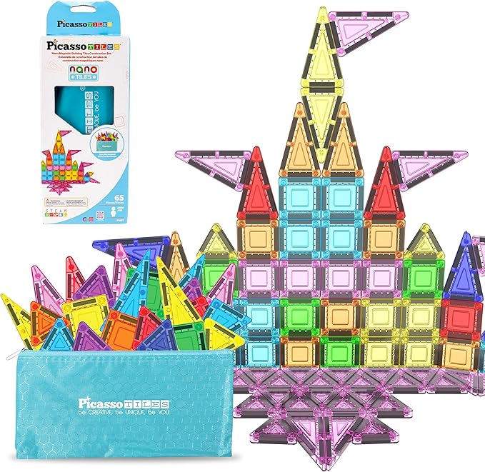 PicassoTiles 65pc Nano Magnetic Tile Travel Size Mini Portable Toy Construction Building Blocks Playset with Storage Bag Pouch STEM Montessori Classroom Magnet Tiles Stacking Toys for Kids Age 3+ PN03