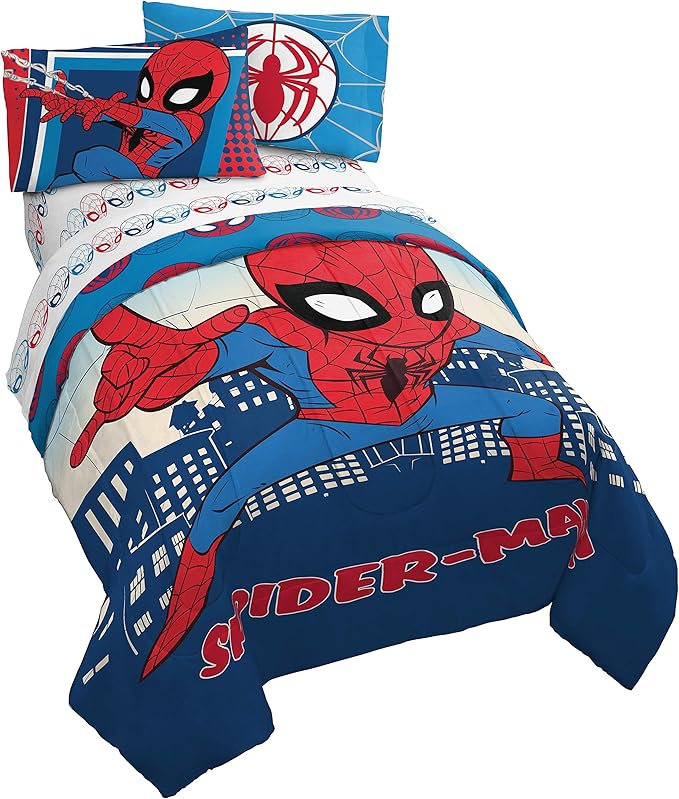 Jay Franco Marvel Super Hero Adventures Go Spidey 4 Piece Twin Bed Set - Includes Reversible Comforter & Sheet Set Bedding Features Spiderman - Super Soft Fade Resistant Microfiber