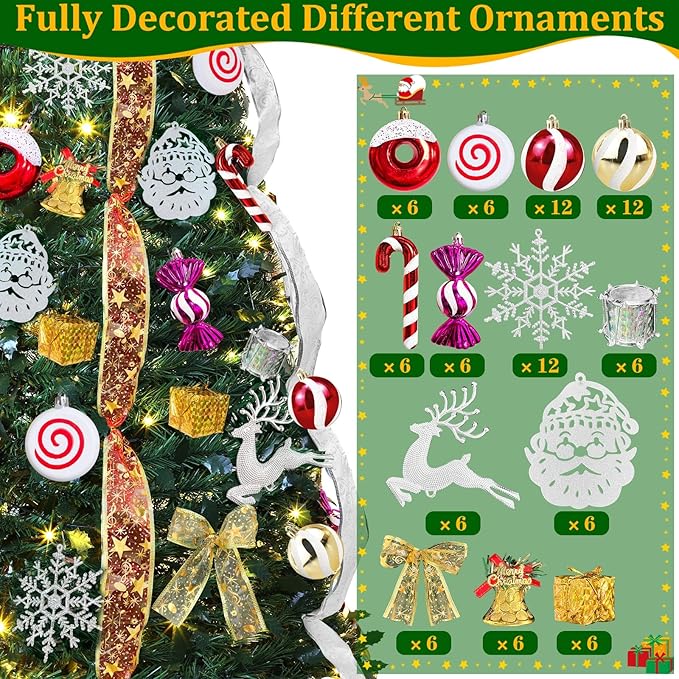 6.5 FT Prelit Pop Up Christmas Tree with 220 Warm White & Multicolor Lights 8 Modes & Timer Fully Decorated 103 Ornaments, Collapsible Pull Up Christmas Tree with Lights for Indoor Home Party Decor