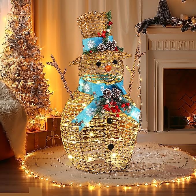 LuxenHome 2FT Lighted Snowman Outdoor Christmas Decorations, Battery Operated Gold Ribbon Snowman Christmas Decor with 41 LED Light, Blue Scarf & Hat, Xmas Decorations Outdoor Holiday Display