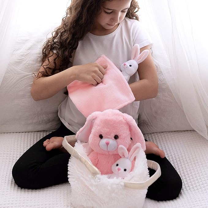 Perfectto Design Easter Gifts for Kids, Stuffed Bunny Toy 5 Pcs - Mommy Stuffed Rabbit, 2 Baby Bunnies and Furry Bag. Soft Easter Bunny Plush Gift for Kids 3-5