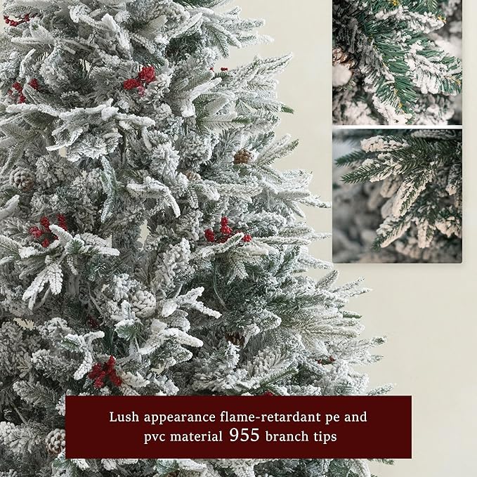 6FT Artificial Christmas Tree with 300 Multi-Colored String Lights with 11 Modes, Prelit Christmas Tree with Red Berry, Xmas Tree with Foldable Stand Christmas Decorations Decor