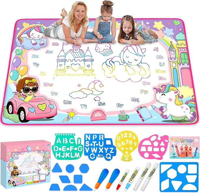 Water Doodle Mat- Kids Painting Writing Doodle Board Toy - Color Drawing Mat Bring Magic Pens Educational Toys for Age 3 4 5 6 7 8 9 10 Year Old Girls Boys Toddler Present