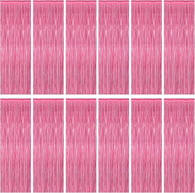 12 Pack Pink Backdrop, 3.28 FT x 7.05 FT Foil Fringe Curtains, Metallic Pink Tinsel Curtain Party Streamer Birthday Backdrop for Girl, Brithday Decorations Bachelorette Party Supplies