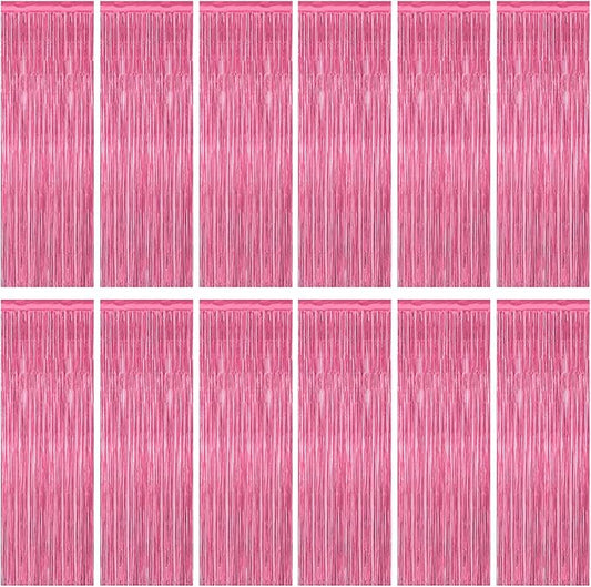 12 Pack Pink Backdrop, 3.28 FT x 7.05 FT Foil Fringe Curtains, Metallic Pink Tinsel Curtain Party Streamer Birthday Backdrop for Girl, Brithday Decorations Bachelorette Party Supplies