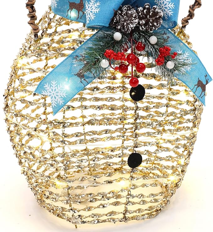 LuxenHome 2FT Lighted Snowman Outdoor Christmas Decorations, Battery Operated Gold Ribbon Snowman Christmas Decor with 41 LED Light, Blue Scarf & Hat, Xmas Decorations Outdoor Holiday Display