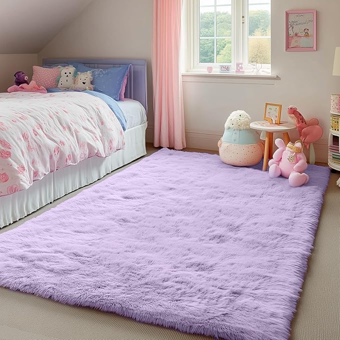 PAGISOFE Fluffy Soft Purple Rug 4' x 6' Rug, Shaggy Rugs for Bedroom Living Room,Furry Rugs for Bedroom Princess,Bedside Rug Nursery Christmas Home Decoration Shag Carpet for Kids Teen's Room