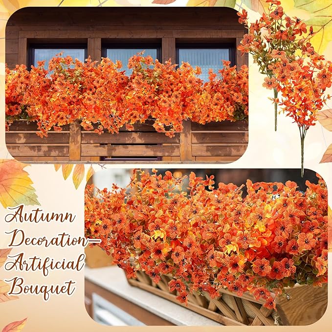Zeyune 48 Bundles Fall Artificial Flowers Outdoor Decor, UV Resistant Fake Autumn Mums for Thanksgiving, Halloween Pumpkin Porch, Window Box, Patio and Garden Decoration (Orange and Red)