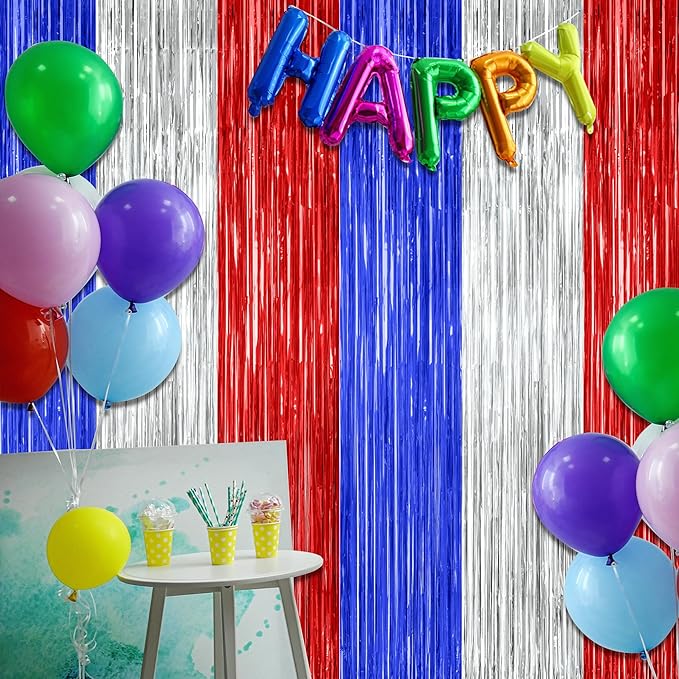 8 Pack 4th of July Photo Backdrop, 3.28 FT x 7.08 FT Fourth of July Decorations, Metallic Blue Silver Red Patriotic Tinsel Backdrop Foil Curtains, Patriotic Independence Day Decorations