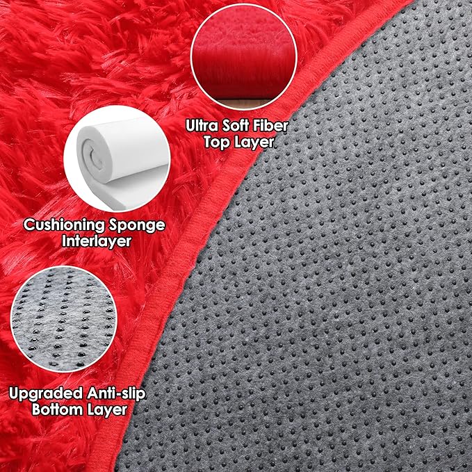 ONASAR Red Round Area Rug 4x4, Soft Bedroom Circle Rugs Floor Mat for Kids Girls Teen Room, Kawaii Fluffy Plush Shaggy Carpet for Nursery Living Room Playroom Christmas Home Decor Princess Castle