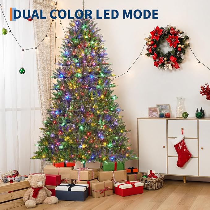 4.5FT Christmas Tree, Artificial Christmas Trees with 200 Lights, Prelit Christmas Tree with 8 Modes Lights, Foldable Stand, On/Off Foot Pedal, Holiday Decoration