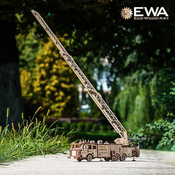 3D Wooden Puzzle - DIY 3D Puzzle Wooden Fire Truck Mechanical Model Kit with Wind Up Mechanism, Adjustable Ladder & More - 3D Puzzles for 15 yrs Above & Adults - Eco Wood Art, 439 Pieces