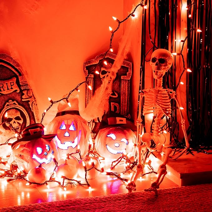 PREXTEX Halloween Lights (20 Feet, 100 Bulbs) - Halloween Party Decorations and Christmas Lights with Black Wire - Holiday Decorations Indoor or Outdoor String Twinkle Lighting - Orange