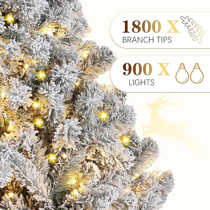 9 ft Christmas Tree, Christmas Decorations with 900 Lights, Pre-lit Artificial Christmas Tree with 1800 Snowy White PVC Branches, Flodable Metal Stand＆Easy Assembly