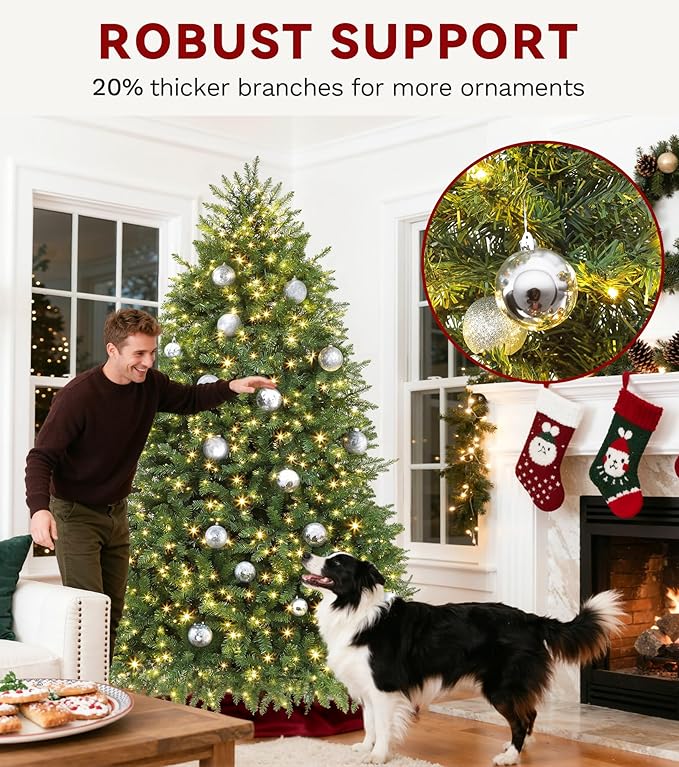 DWVO 7.5ft Pre-Lit Christmas Tree, Bell-Shaped Artificial Pine Christmas treewith 11 Light Modes, Stand Included, Fit for Holiday Decorations, Festive Atmosphere Enhancer, Green