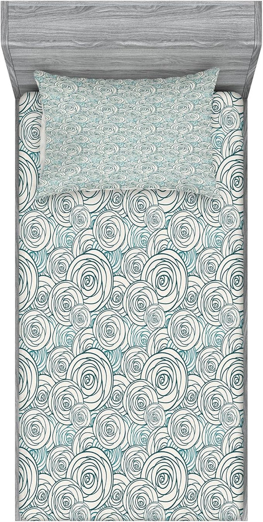 Ambesonne Rose Fitted Sheet & Pillow Sham Set, Doodle Style Outlines of Rose Blossoms Spring Nature Inspired Artwork, Decorative Printed 2 Piece Bedding Decor Set, Twin, Dark Teal Teal and Cream
