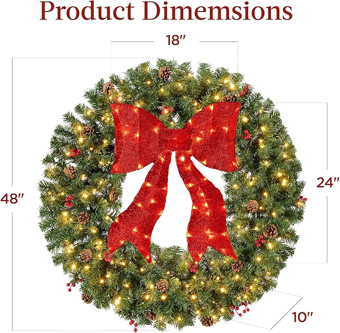 Best Choice Products 48in Pre-Lit Christmas Wreath w/Berries & Pinecones, Large Artificial Indoor/Outdoor Decor for Door, Mantel w/Red Bow, Plug-in