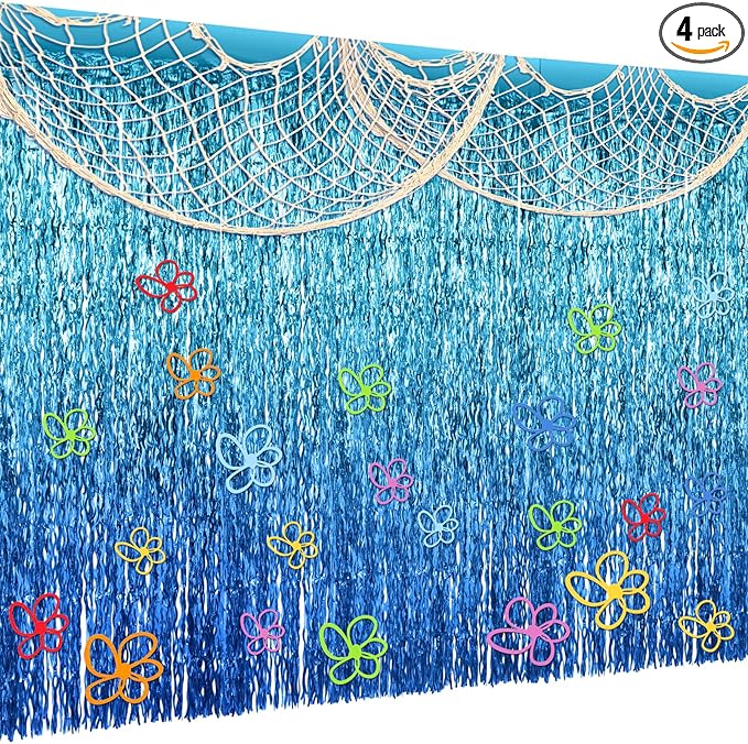 35 Pcs Sponge Party Decorations Include Blue Tinsel Foil Fringe Curtain Backdrop, 80 x 40 Inch Fish Net Decor, Flowers Bubble Wall Decals Photo Props for Pool Sea Birthday Party Supplies