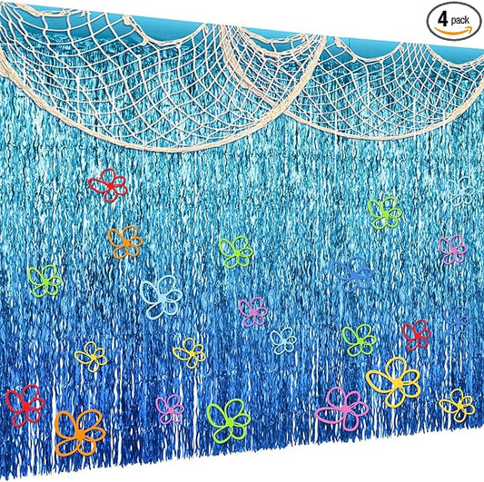 35 Pcs Sponge Party Decorations Include Blue Tinsel Foil Fringe Curtain Backdrop, 80 x 40 Inch Fish Net Decor, Flowers Bubble Wall Decals Photo Props for Pool Sea Birthday Party Supplies