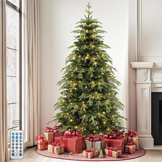 DWVO 7.5ft Prelit Christmas Tree with Lights, Full Downswept Artificial Fir Twinkle Christmas Tree with 2199 Metal Hinged Flame Resistant PE & PVC Branches and 400 Lights 11 Modes Remote Controlled