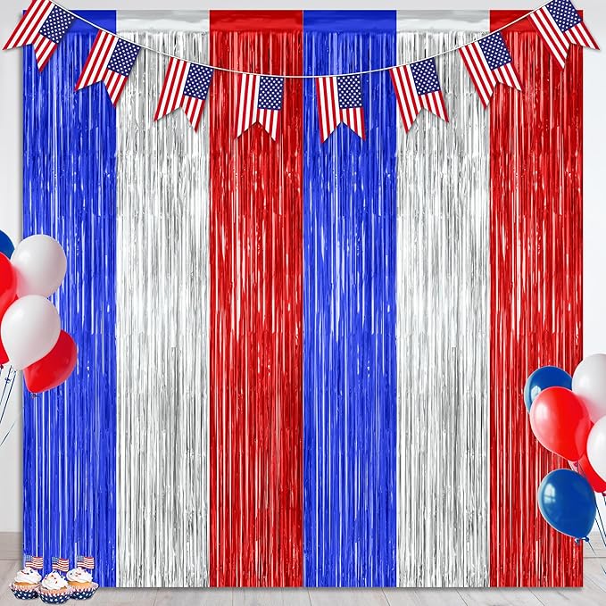 2 Pack 4th of July Party Supplies, 3.28 FT x 7.05 FT 4th of July Tinsel Backdrop, Blue Silver Red Color Fringe Curtains Streamer Backdrop, 4th of July Photo Backdrop Party Decorations