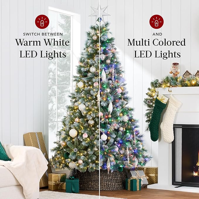 Best Choice Products 7.5ft Pre-Lit Scotch Pine Christmas Tree, Premium Frosted Pre-Decorated Artificial Holiday Decor w/ 1,320 Branch Tips, 2-in-1 White and Multicolor LED Lights, Cordless Setup