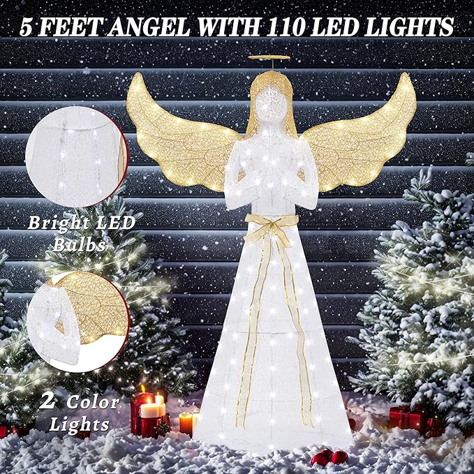 Shintenchi 5FT Lighted Christmas Angel, Outdoor Christmas Holiday Decoration, Pre-lit 3D Glittered Angel with 110 2 Color LED Lights and Ground Stakes, Zip Ties