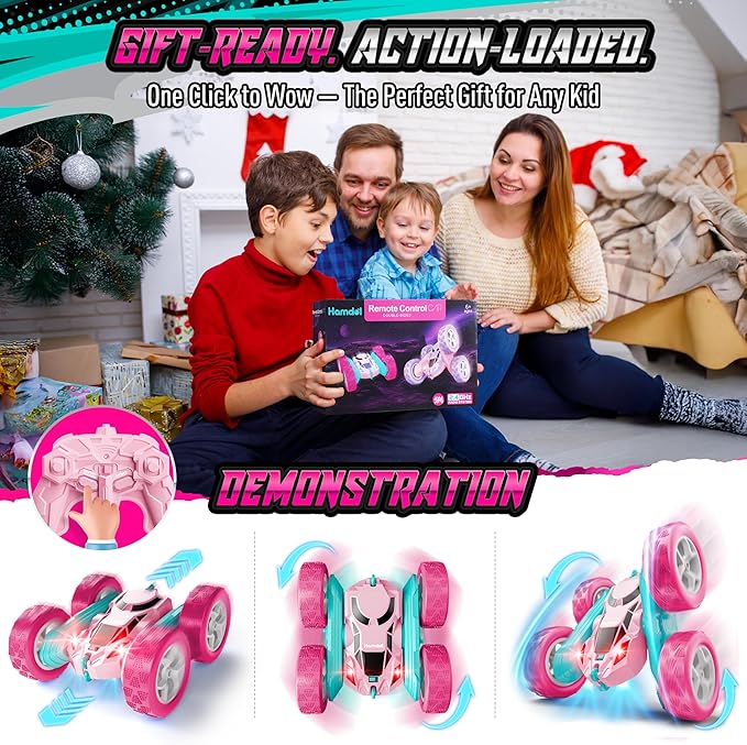 Pink RC Car for Girls Age 6+, 360° Rotating Stunt Remote Control Vehicle with LED Lights, Upgraded 4WD USB-C Rechargeable Electric Toy, Perfect Birthday, Holiday