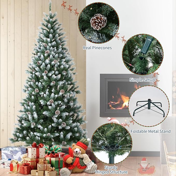 2025 Christmas Pre-Lit Pencil Tree 9FT with Lights, Automatic White Spray Artificial Xmas Tree with Pinecone, Decor for Christmas Holiday