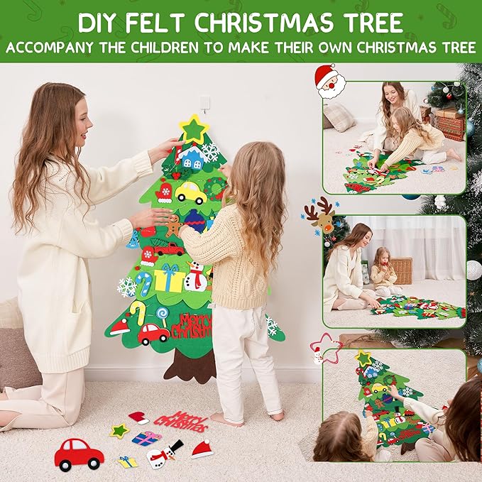 Onekka DIY Felt Christmas Tree Set with 32pcs Ornaments for Kids, Xmas Gifts, Wall Hanging Toddler Christmas Tree with String Light(Without Battery)