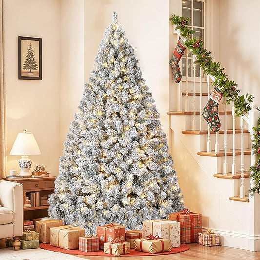 9 ft Christmas Tree, Christmas Decorations with 900 Lights, Pre-lit Artificial Christmas Tree with 1800 Snowy White PVC Branches, Flodable Metal Stand＆Easy Assembly